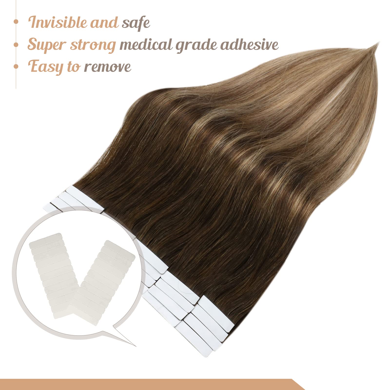 Balayage Brown Tape in Hair Extensions Human Hair Remy Silky Soft Tape Hair Extensions Balayage Dark Brown Fading to Caramel Blonde with Dark Brown 16 inch 20 Pcs 50 g - Image 4