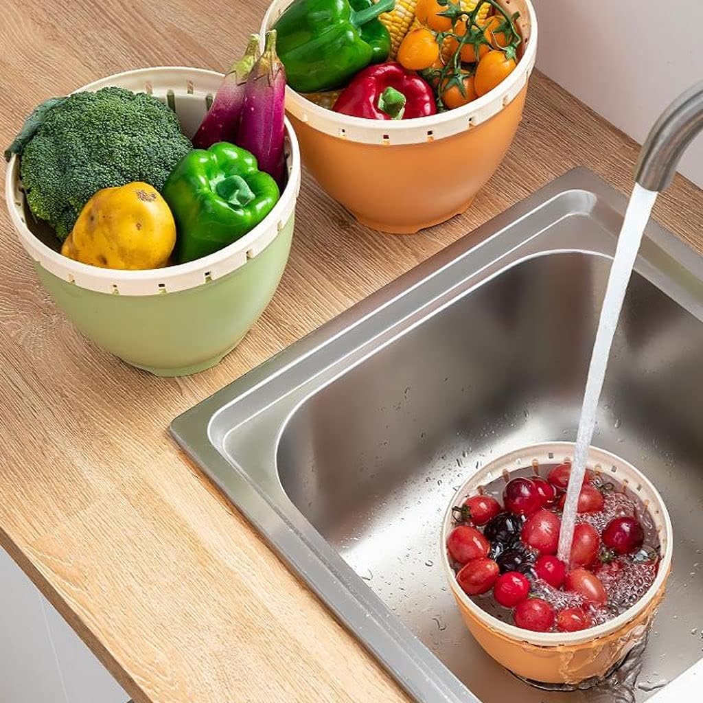 Draining Rack 2-in-1 Multi-Function Kitchen Colander/Strainer Bowl Set Stackable Refrigerator Bins Baskets with Lids and Removable Drain Basket for Veggie Fruits Drainage Rack(B,Large)