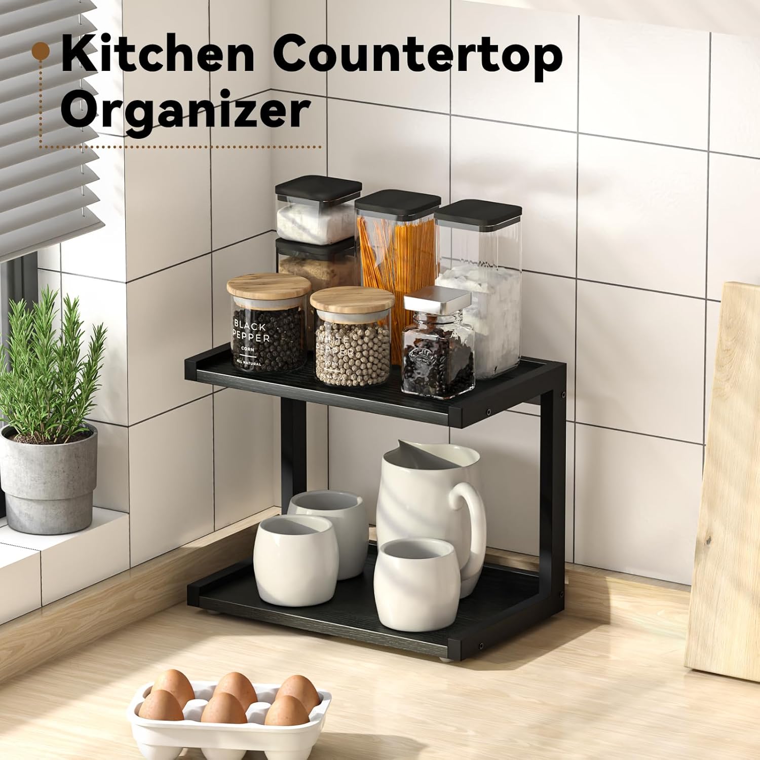 MARTY 2 Tier 12.6"x7.7" Counter Shelf Organizer Kitchen Spice Rack for Countertop, Coffee Station Organizer for Mugs Cups, Wood Shelf Desk Storage Organizer for Bathroom Home Office (Black)