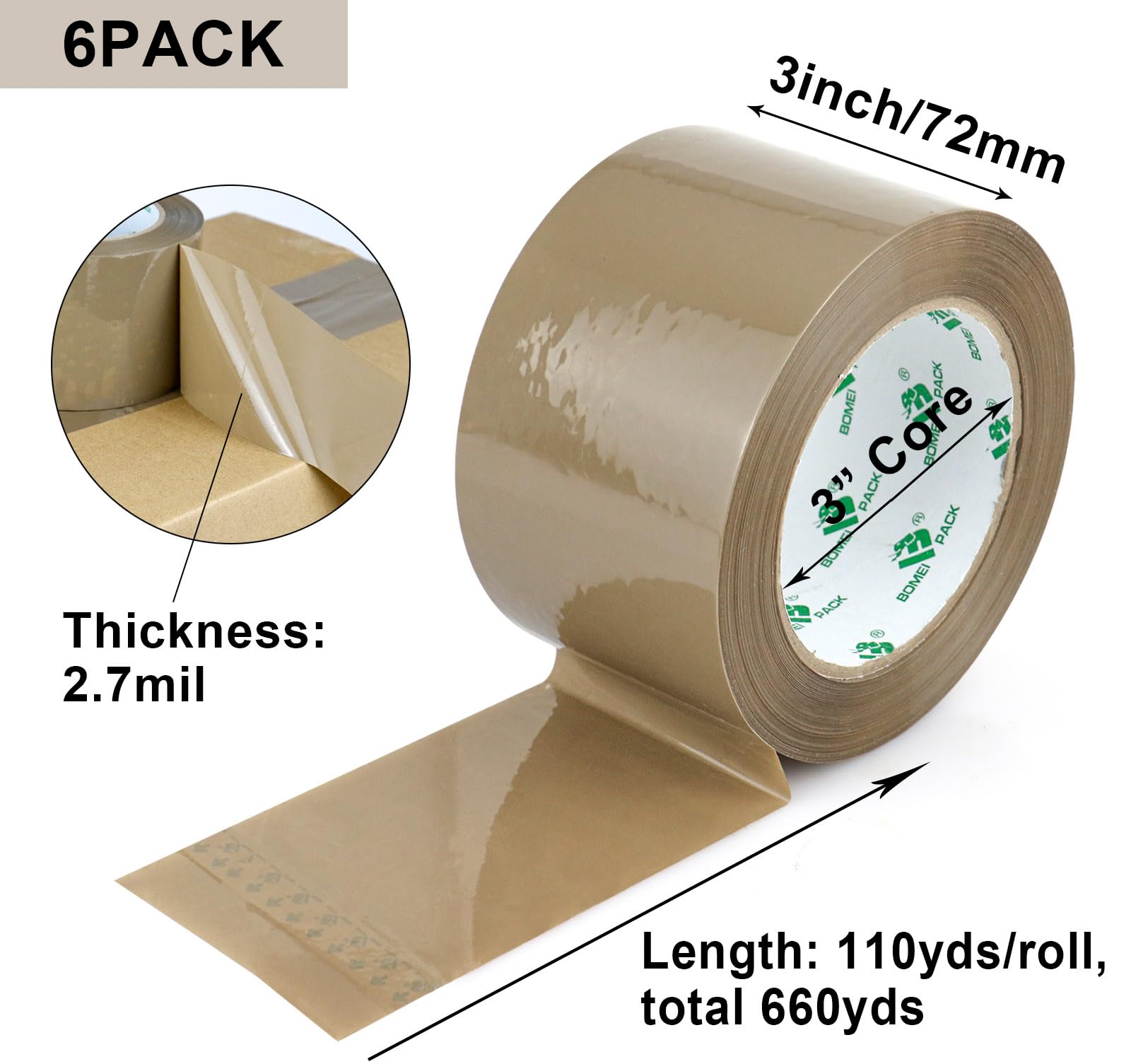 BOMEI PACK Nastro da imballaggio marrone da 7,6 cm, 6 rotoli di nastro per imballaggi resistente, largo per traslochi, spedizioni, spedizioni e stoccaggio, 2,7 mm x 100 m