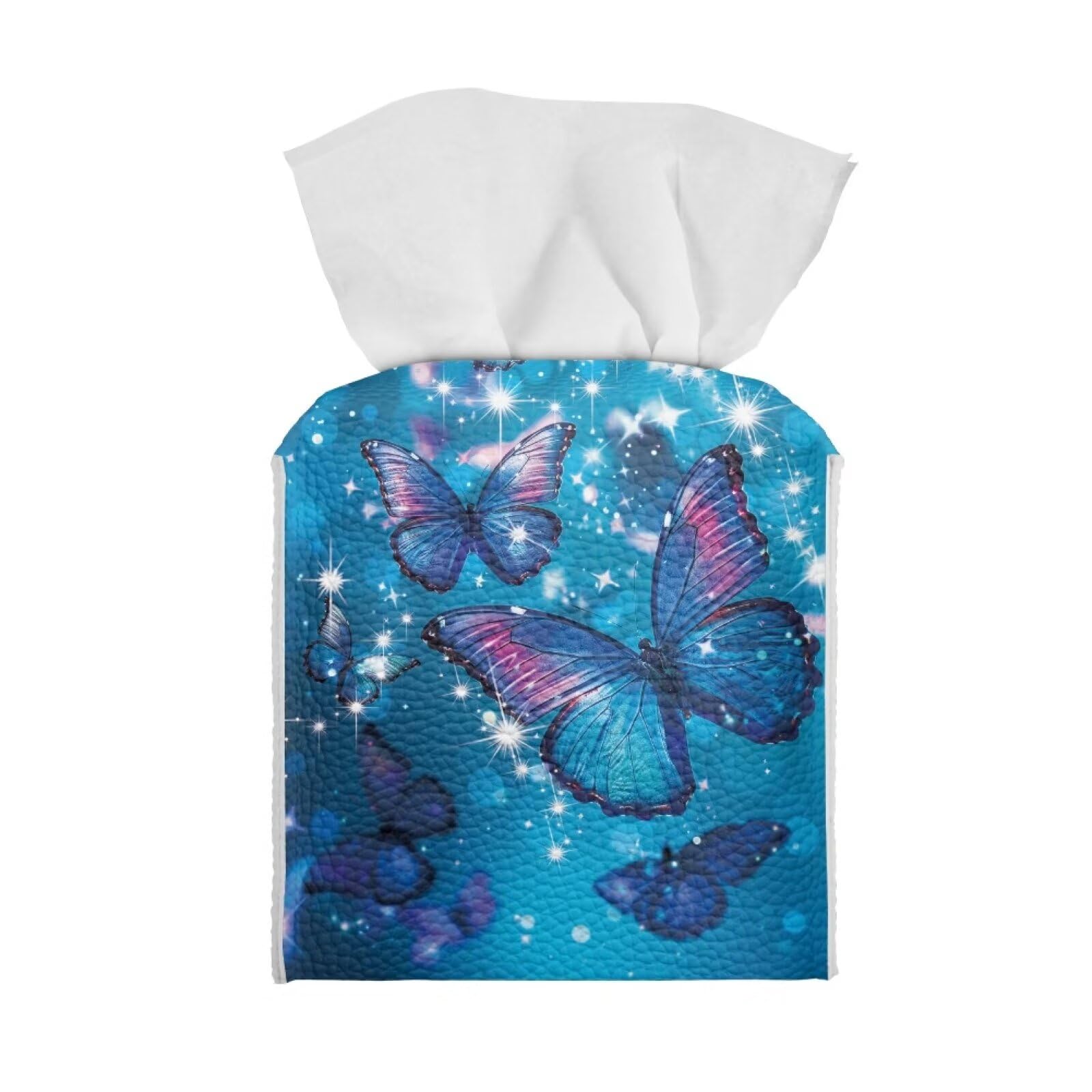 Poceacles Blue Butterfly Glitter Print Tissue Box Cover Square PU Leather Facial Tissue Box Holder for Dresser Bathroom Decor