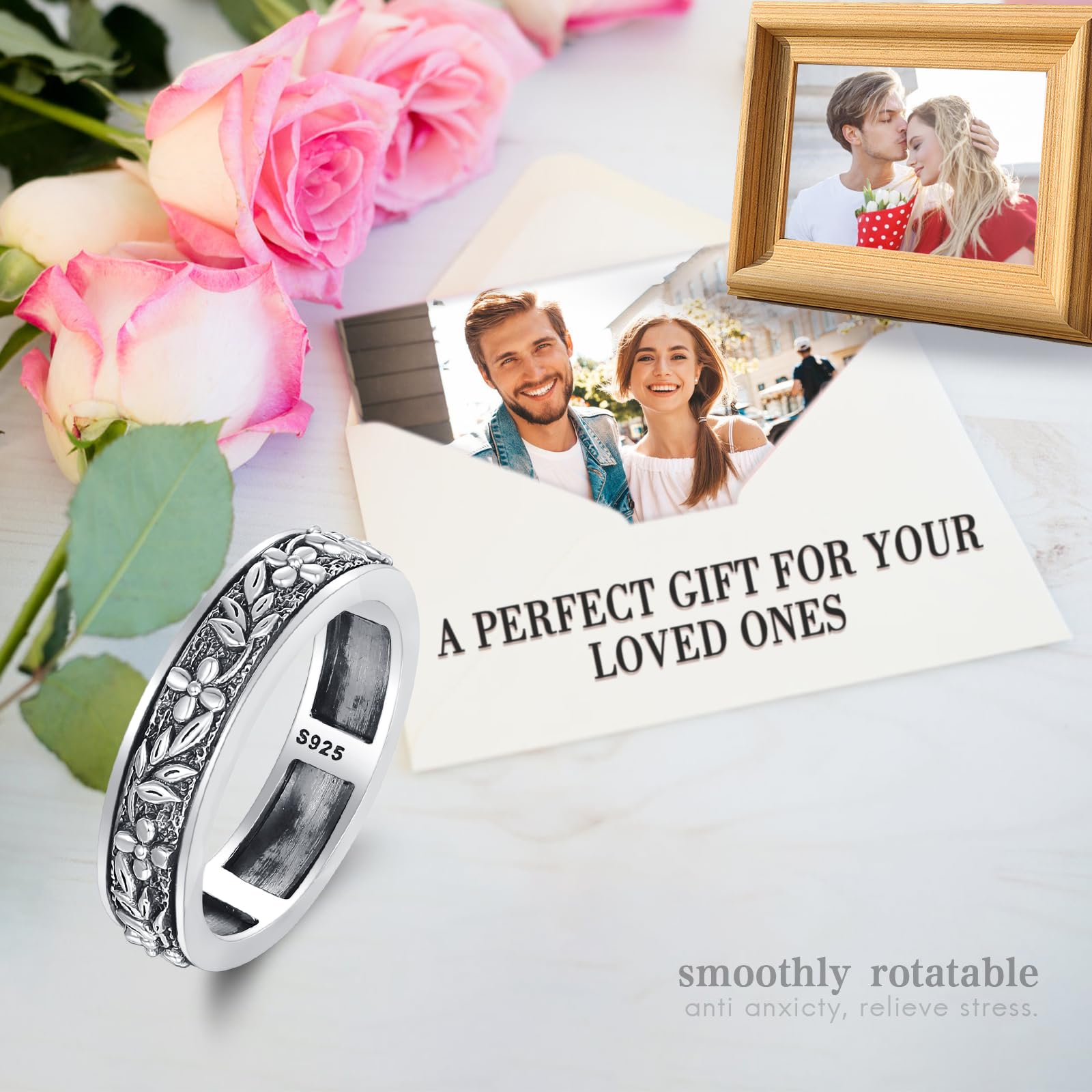 Bague Fidget Spinner en argent sterling 925 - Pour l'anxiété - En filigrane - Pour homme et femme - Cadeau d'anniversaire - Pour la Saint-Valentin, Argent sterling