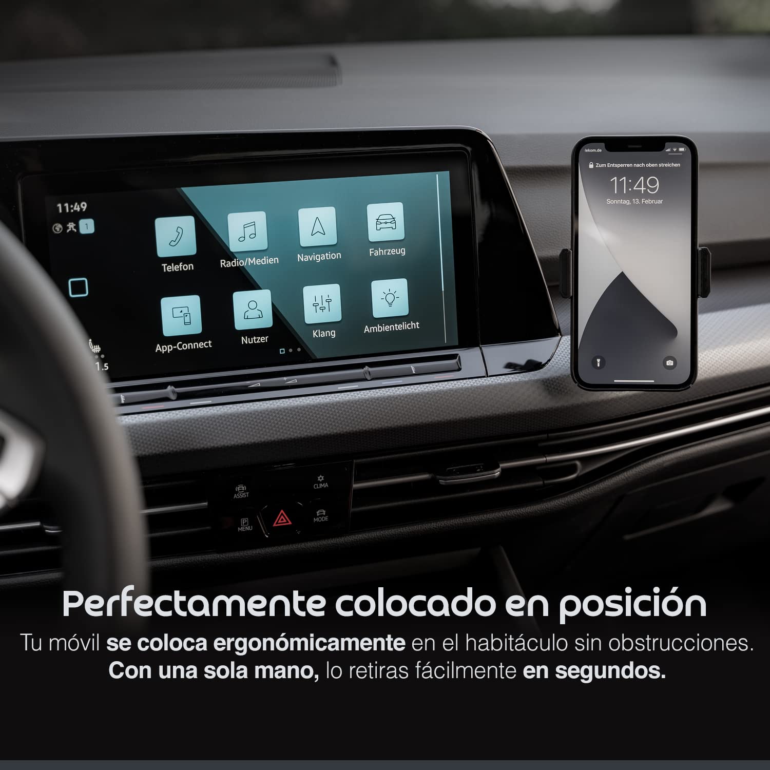 Soporte móvil Coche Premium para VW Golf 8 - El Mejor Soporte para TU Coche - Made in Germany, Accesorio Original - Porta telefono Coche/Porta movil