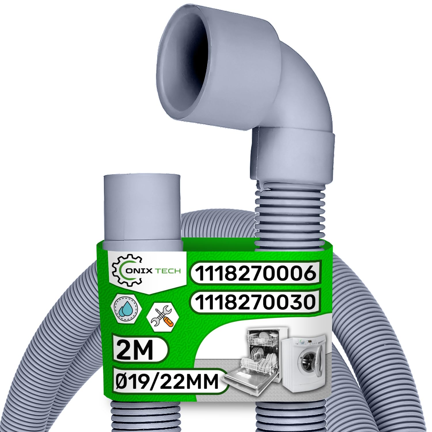 Desague wąż do pralki i zmywarki 2 m Ø19/22 mm oryginalny kod 1118270006 1118270030 8996461308406 C00318230 481953028847 dla AEG dla Indesit do Whirllbasen - 5 lat - ONIX TECH