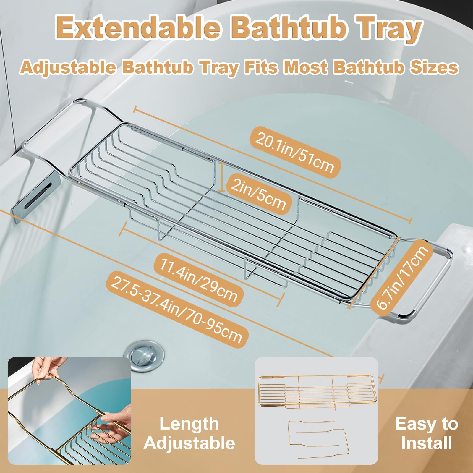Badewannen-Caddy aus Edelstahl, erweiterbarer Badewannentablett, Tisch, verstellbares Badezimmer-Tablett, Badewannen-Organizer, Wannenregal, Silber, 67 - 89,9 cm