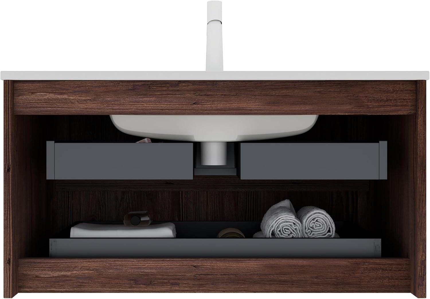 Wall-Mounted Bathroom Vanity, 30'' Floating Vanity with Sink Combo, Plywood Bathroom Vanity with 2 Soft-Close Drawers, Sink Hole Cover and Drain﻿, Retro Walnut