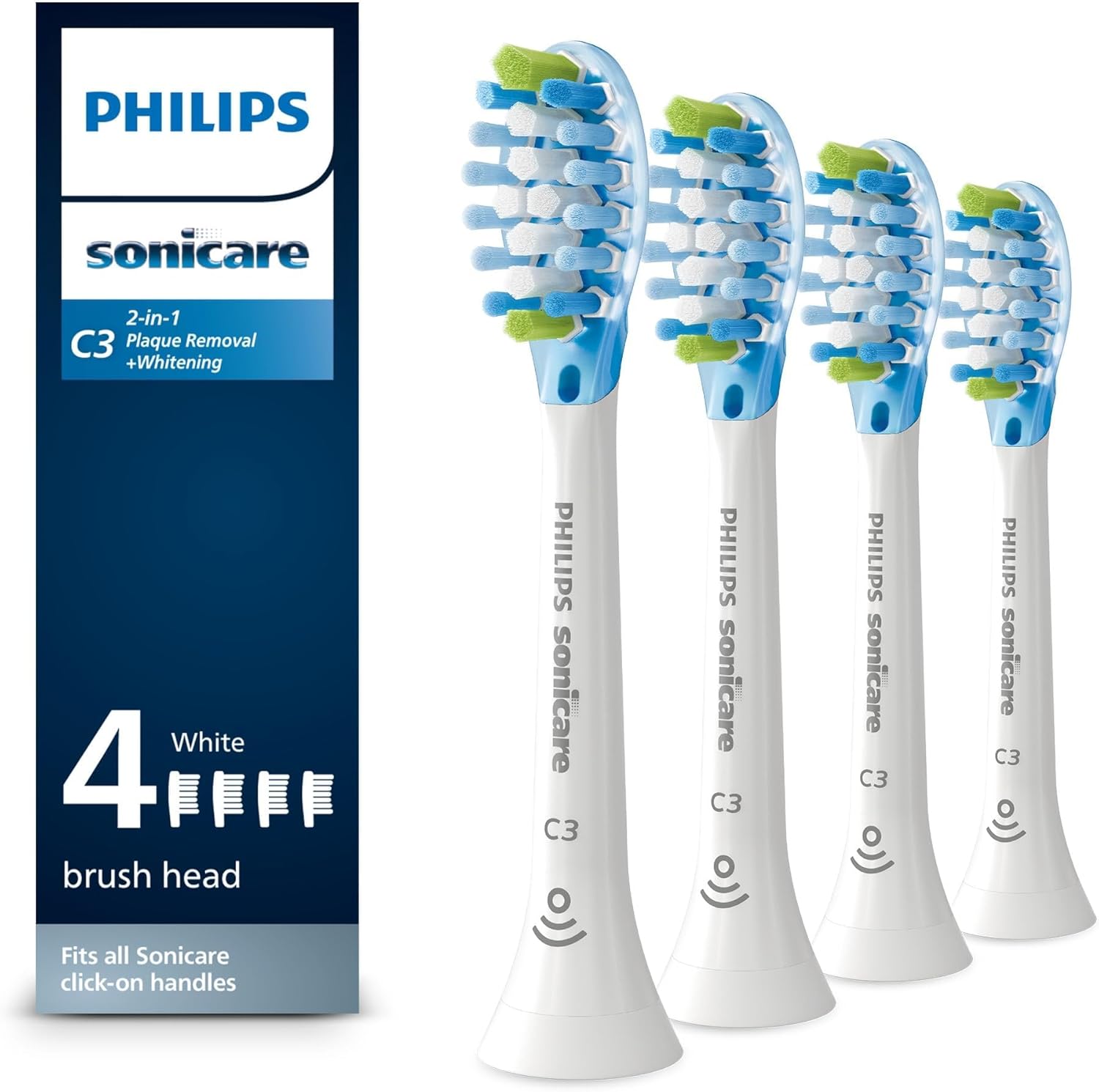 Philips Sonicare C3 Two-in-One - Genuine Replacement Electric Toothbrush Heads, White, 4 Pack One Year Supply, HX9044/65