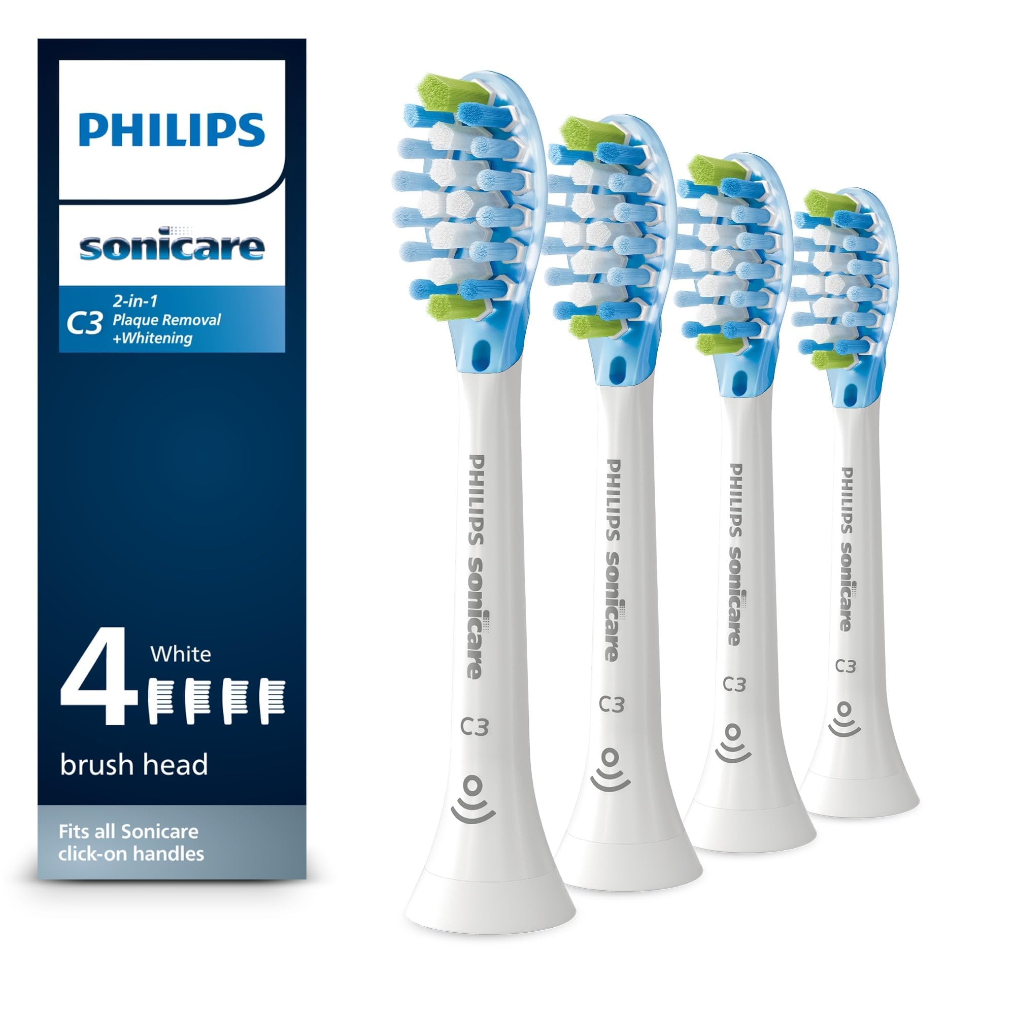C3 Two-in-One - Genuine Replacement Electric Toothbrush Heads, White, 4 Pack One Year Supply, HX9044/65