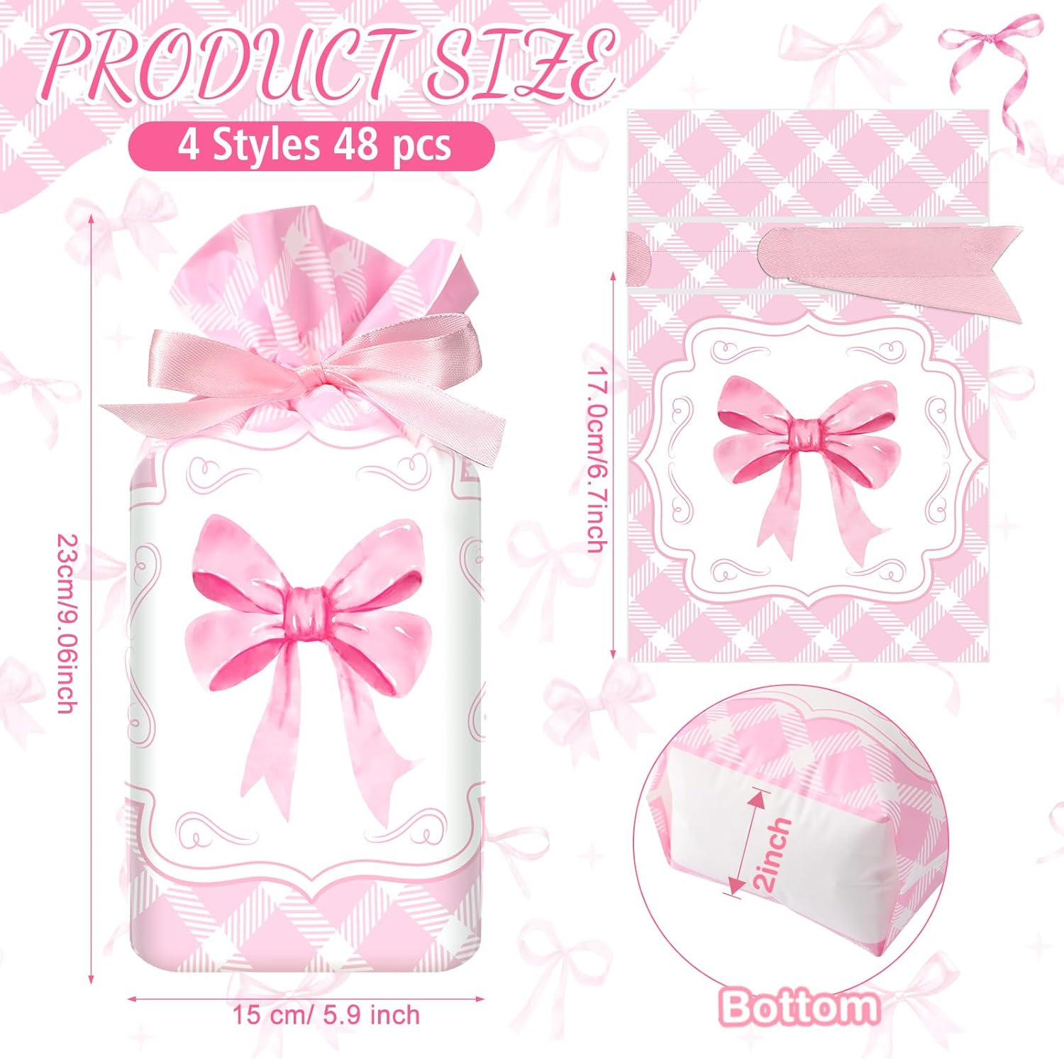 Blosssound 48 Pcs Valentine's Day Pink Bow Theme Bags 9 x 6 Inch Coquette Drawstring Plastic Treat Gift Goodie Candy Bag Bulk for Birthday Weddings Bridal Shower Engagement Party Supplies - Image 2