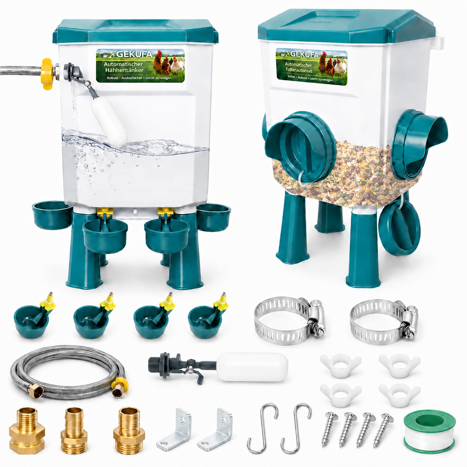 Futterautomat Hühner & Hühnertränke Set – 8 KG Futterspender & 7 L | Automatische Hühnertränke Kein Futterverlust, Robuster Kunststoff, Geflügelzubehör für Hühner & Enten