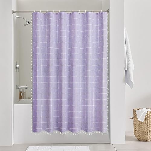 Miniatura 10 de Cortina de ducha extra larga de 84 pulgadas, cortina de ducha de tela de lino bohemio con borlas, cortina de ducha de tela gruesa con textura de