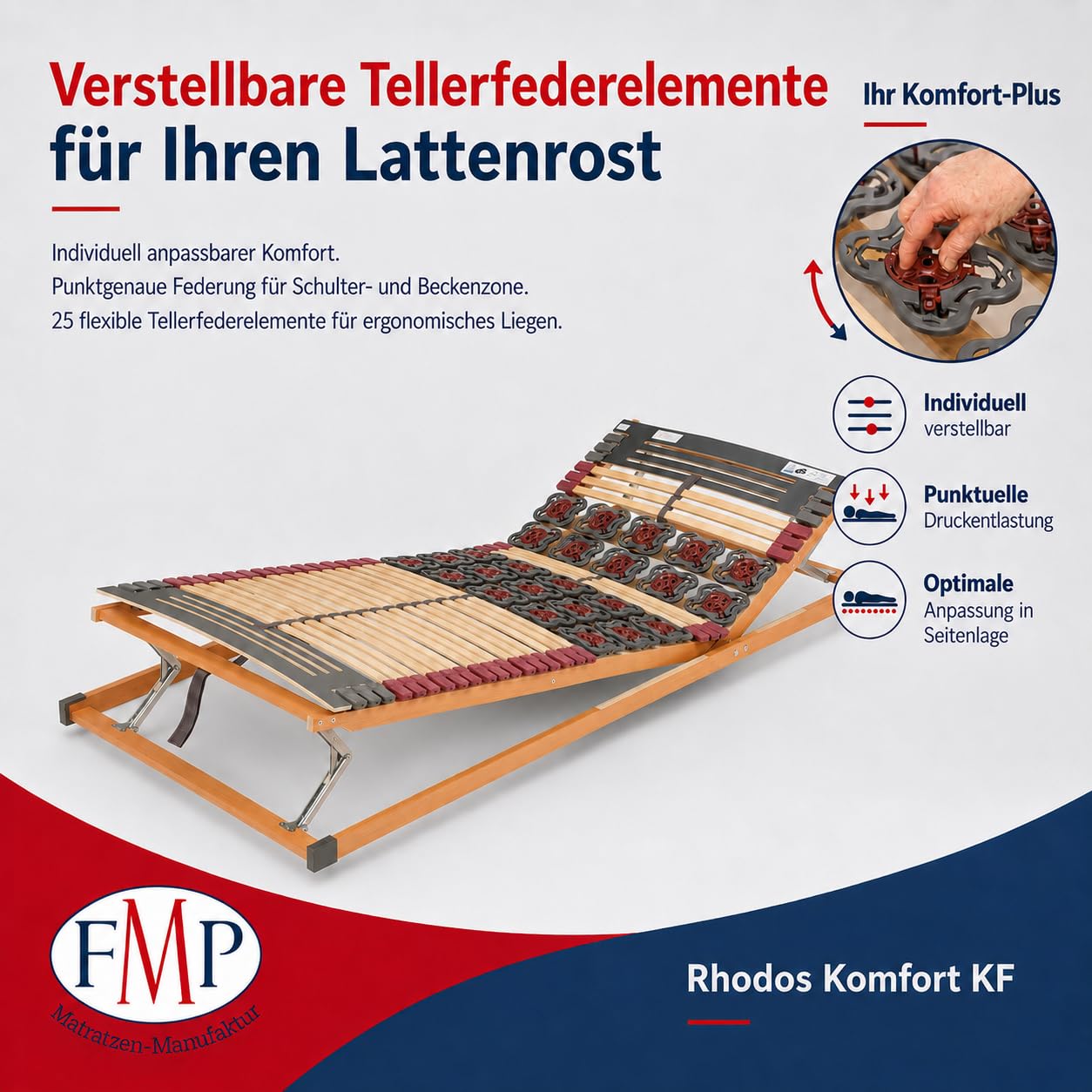 FMP | 7 Zonen Teller-Leisten Lattenrost Rhodos | Komfort | 90x210 cm | Kopf- und Fußteil verstellbar | TÜV/GS Zertifiziert | fertig montiert