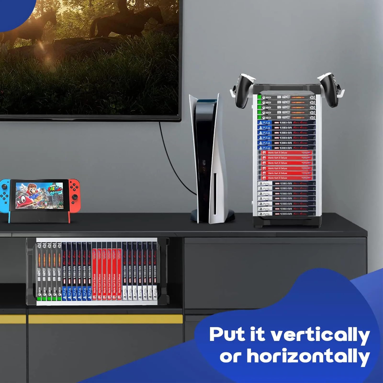 Porta Giochi PS5, Porta CD a Colonna, Torre Di Archiviazione Per Videogiochi Con Supporto Per Ps5/Xbox/Nintendo Switch Games Con 2 Rack Per Cuffie e Controller