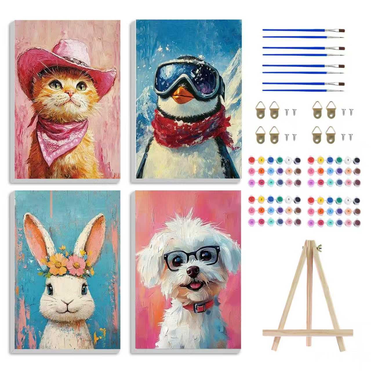 PHANTASYART 4 Pack Paint by Numbers for Adults with Frame-Painting by Numbers for Adults with Wooden Easel,Cat Dog Rabbit Penguin Adult Paint by Numbers for Gifts and Home Wall Decor 8x12in