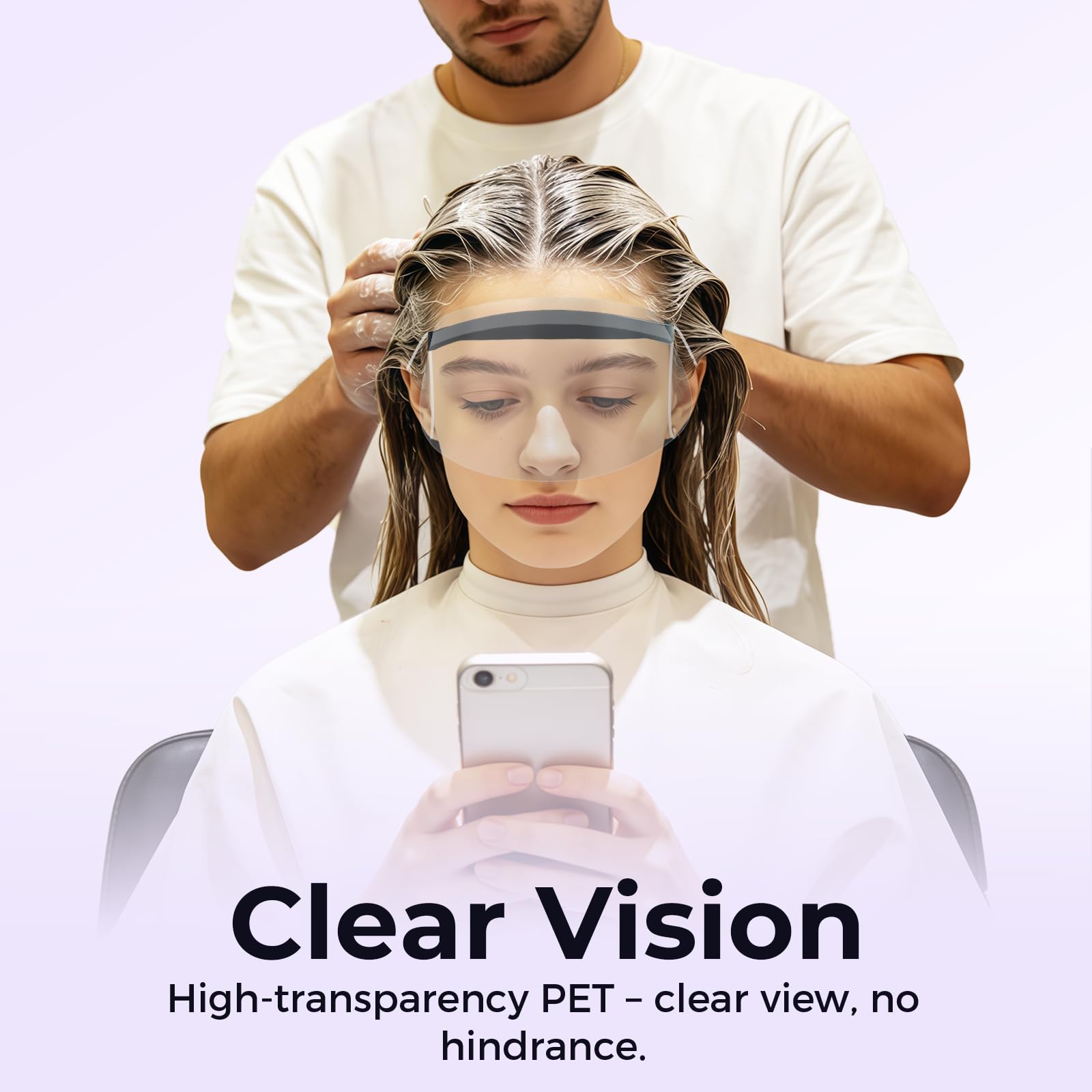 50 protectores faciales desechables con tira adhesiva, recortadora de flequillo transparente, protector de frente para el cabello, tinte para el cabello, suministros de peluquería