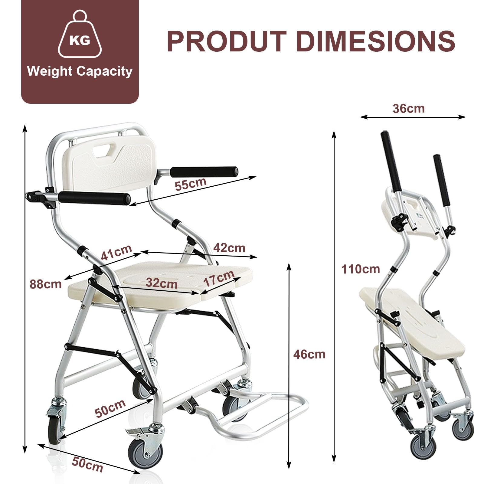Sedia Doccia Disabili con Ruote, Pieghevole Sedia a Rotelle per la Doccia, Sgabello per Doccia Anziani, Bagno Sedia con Schienale e Braccioli, Robusto e Durevole, Portata 120kg