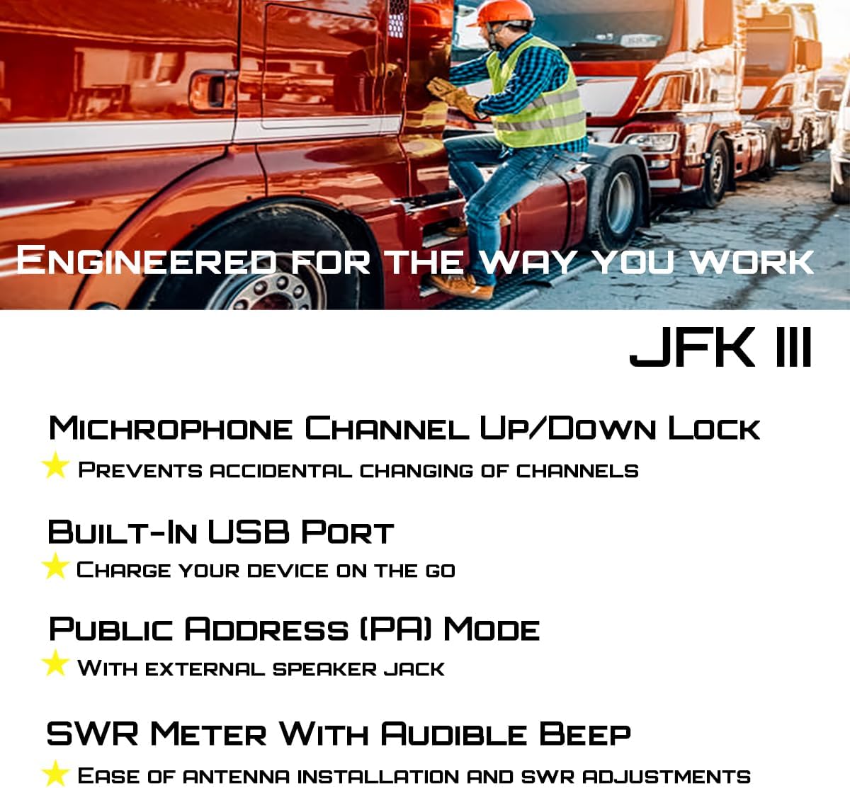 President JFK III FCC AM/FM Trucker CB Radio- OEM Truck Size with Front-Firing Flashing RX/TX Speaker, 7-Color Display, NOAA Weather Channel, USB Port, ASC, Noise Filter, Scan Skip