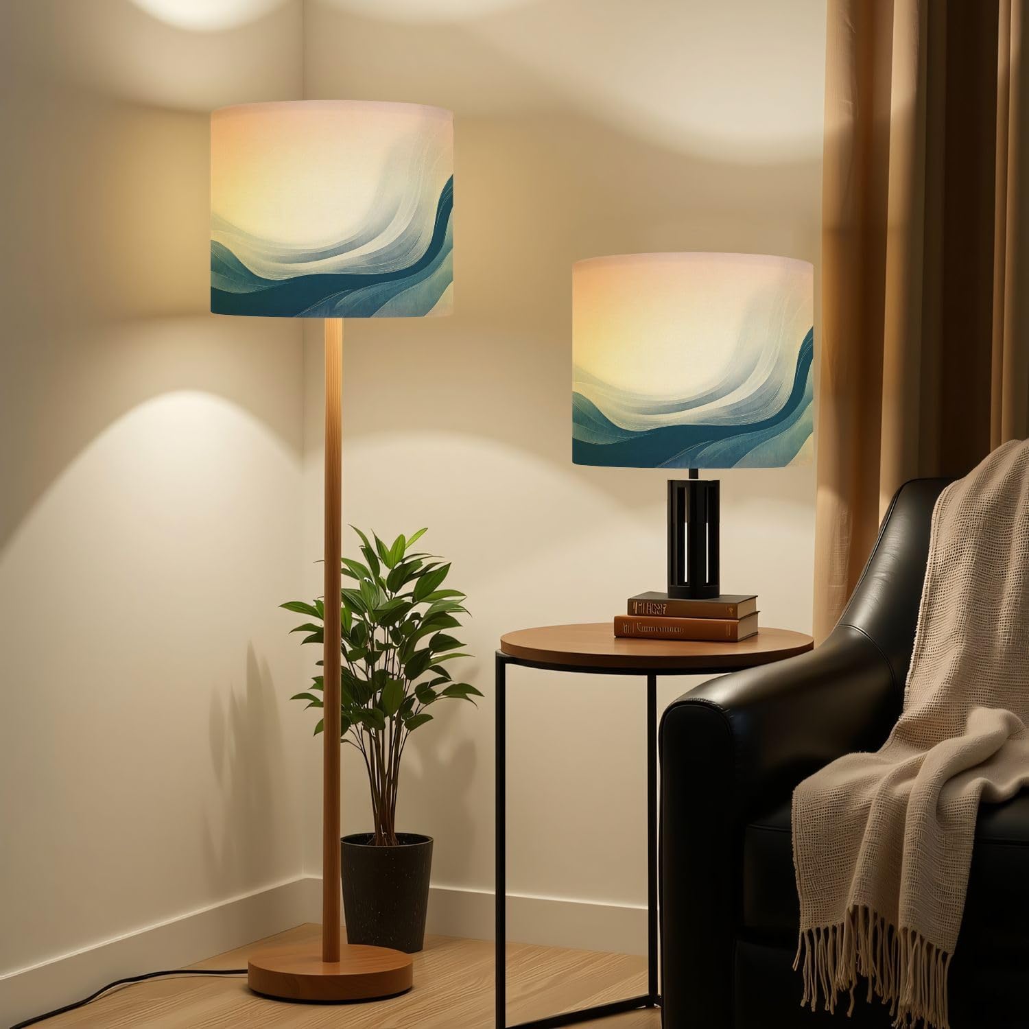 Linen Drum Lamp Shades 1 Pack, 13''Wx10"H, Abstract Blue Waves Soft Gradient Flowing Curves Replacement Lampshades for Floor Lamps Table Lamps Modern Farmhouse Lampshade Easy Assembly