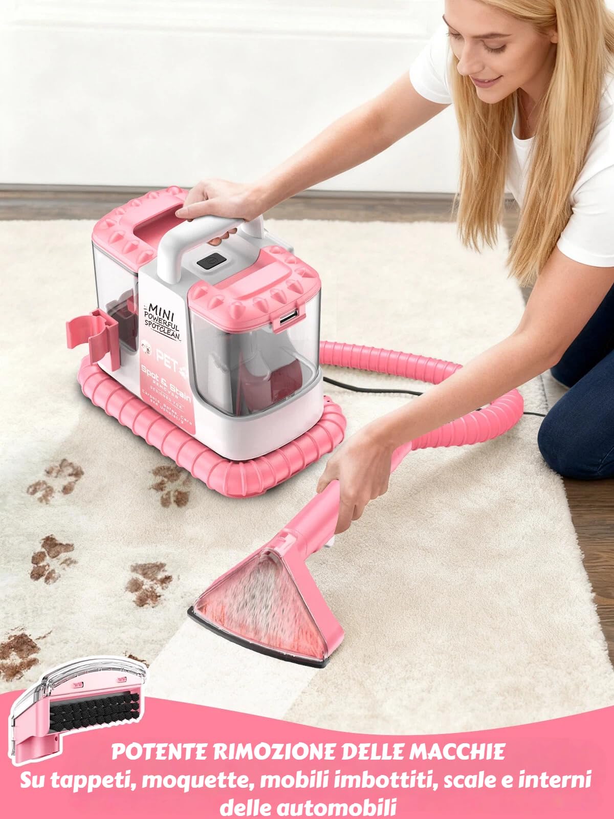 Lavatappeti Portatile, 600W Lava Tappezzeria per Tappeti, Doppio Serbatoio Acqua, Auto Pulizia, 16kPa Potente Aspirazione, per mobili imbottiti, per tappeti, auto, design leggero e compatto, Rosa