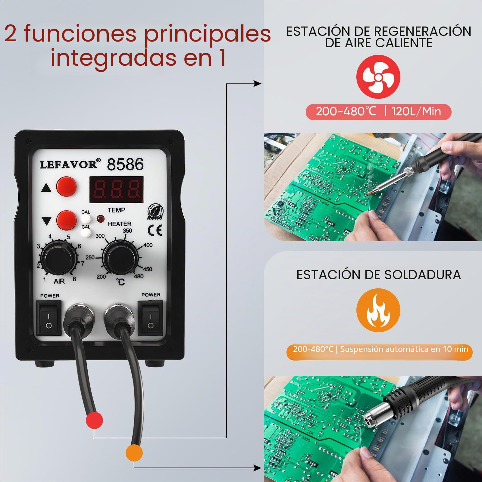 Towwoo Estación de Soldadura 2 en 1 con Aire Caliente, Conversión °C/ºF, Pantalla LED, Temperatura Ajustable 200-500℃, Soldador de Estaño para Reparación