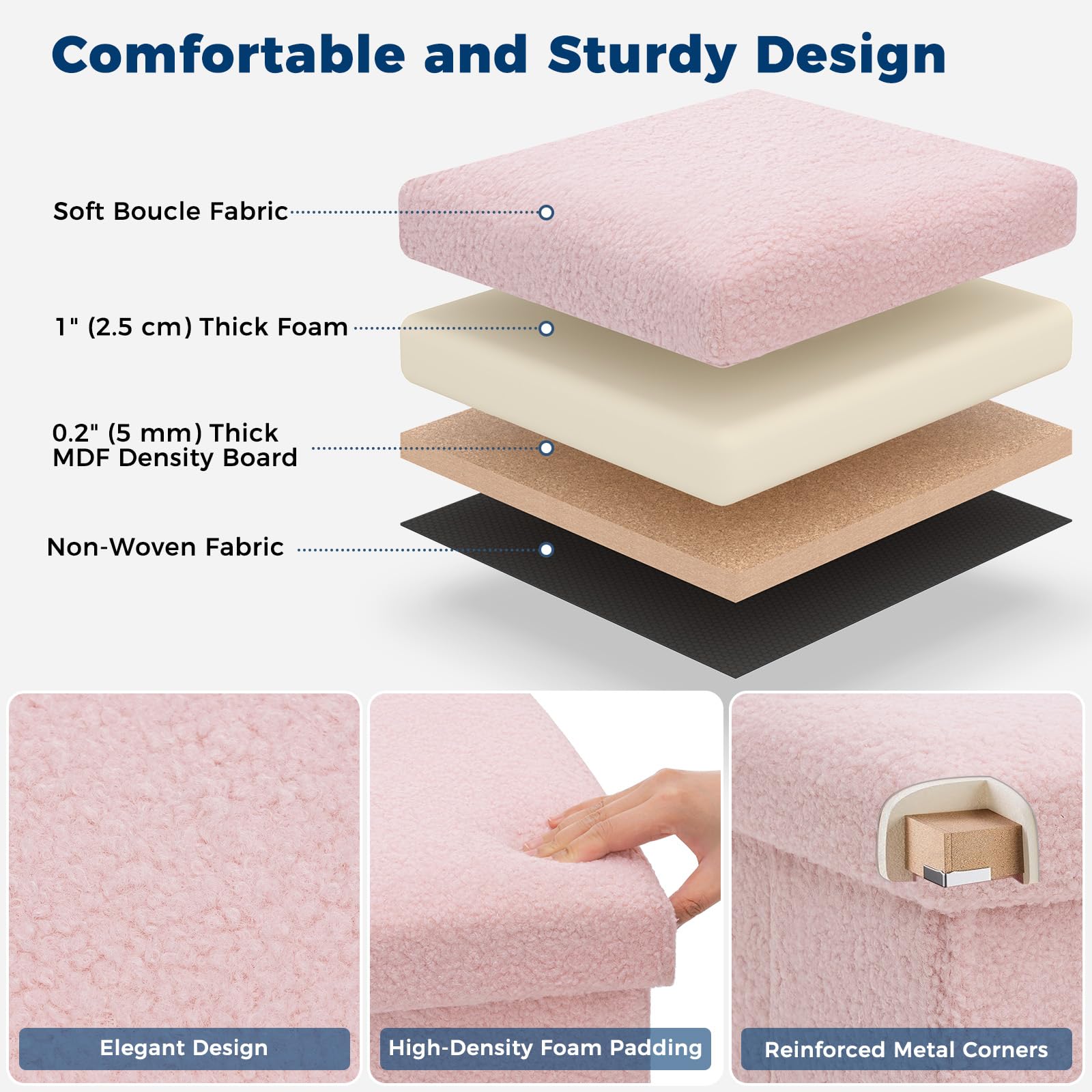 Banco otomano plegable de almacenamiento rosa de 15 pulgadas, reposapiés pequeño, capacidad de 400 libras, baúl de almacenamiento para sala de estar, dormitorio, entrada, solución de asiento elegante
