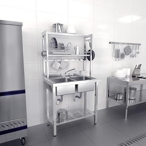 VINGLI Fregadero comercial de 2 compartimentos de 67 pulgadas con estantes sobre y estante de secado debajo, fregadero de acero inoxidable 304 con