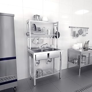 VINGLI 67" 2-Compartment Commercial Sink with Shelves Over & Drying Rack Underneath, 304 Stainless Steel Sink Double Basin...