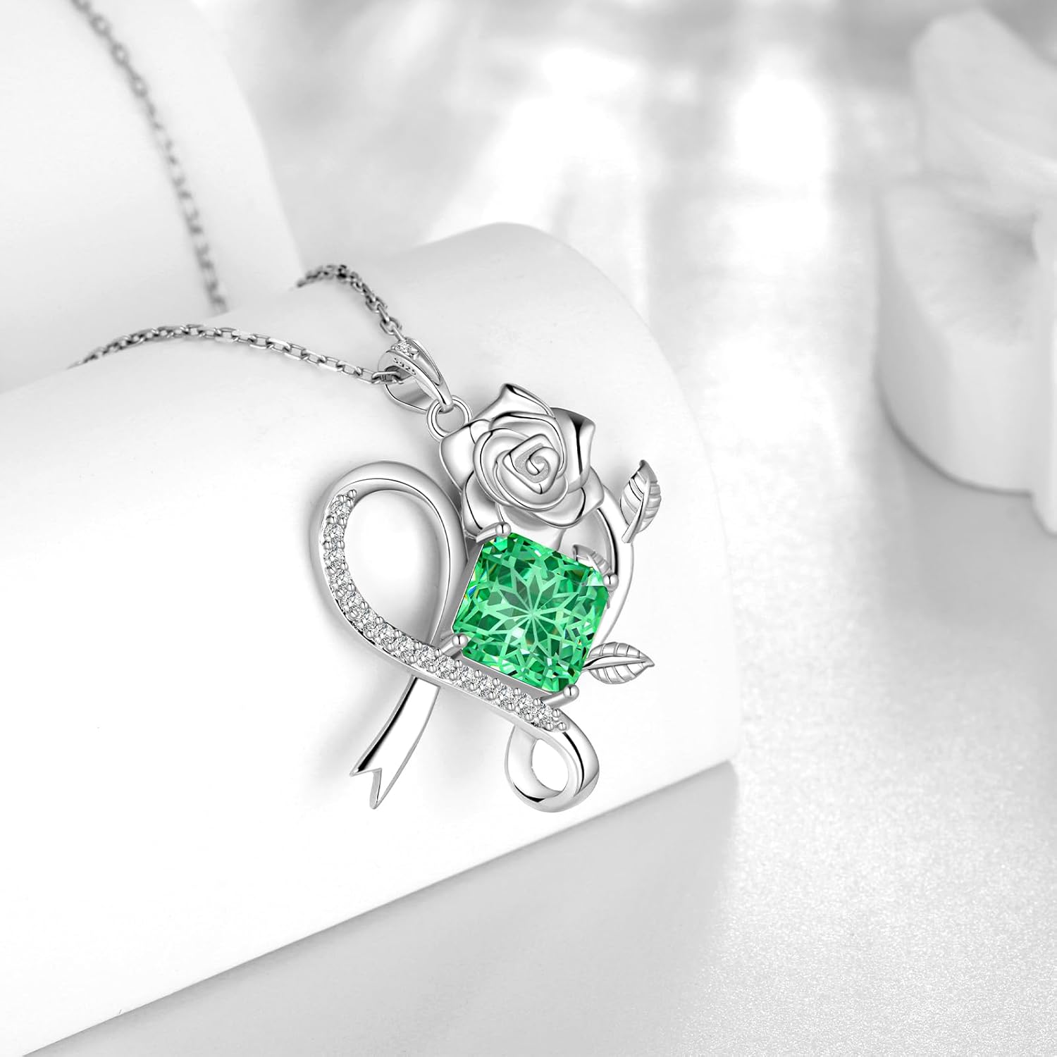 Aurora Tears Birthstone Love Heart Rose Pendant Necklace - 925 Sterling Silver Snowflake Cut Square Cubic Zirconia Ribbon Necklace Anniversary Birthday Jewelry Gift for Women Wife Mom Daughter - Image 2