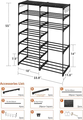 Miniatura 6 de Zapatero grande, organizador de zapatos de 7 niveles con gancho para 24 pares de zapatos, estante de metal para zapatos que ahorra espacio para
