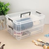 Vista 9 de JUXYES 2-Tiers Stack Carry Storage Box With Handle, Transparent Stackable Storage Bin With Handle Lid Latching Storage Container for School & Office