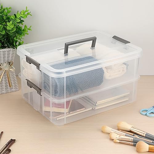 Miniatura 9 de JUXYES Caja de almacenamiento apilable de 2 niveles con asa contenedor de almacenamiento apilable transparente con tapa con asa contenedor de