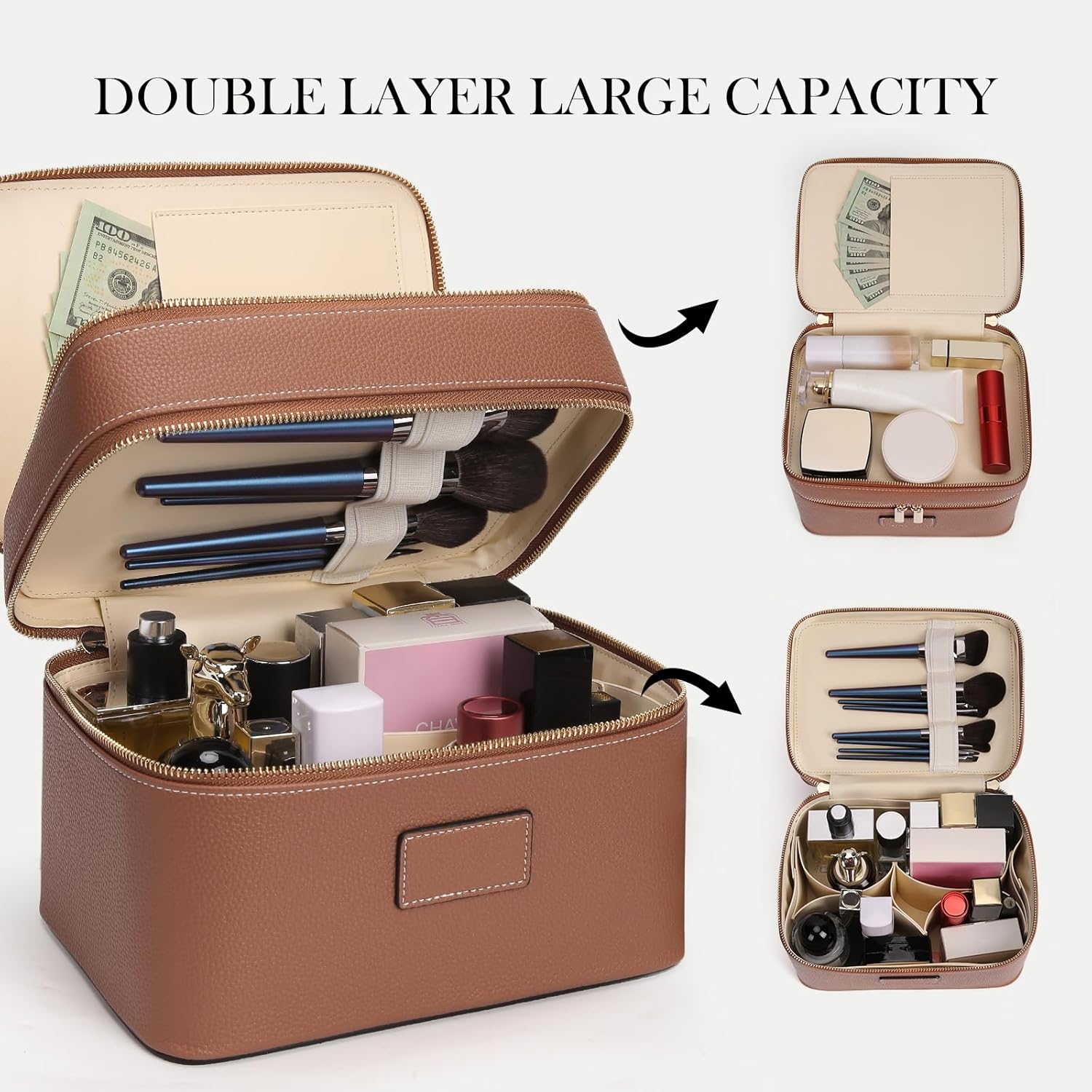 Large Makeup Bag Duo Vanity Case for Women Leather Makeup Case Travel Toiletry Bag Portable Double Layer Cosmetic Bag - Image 3