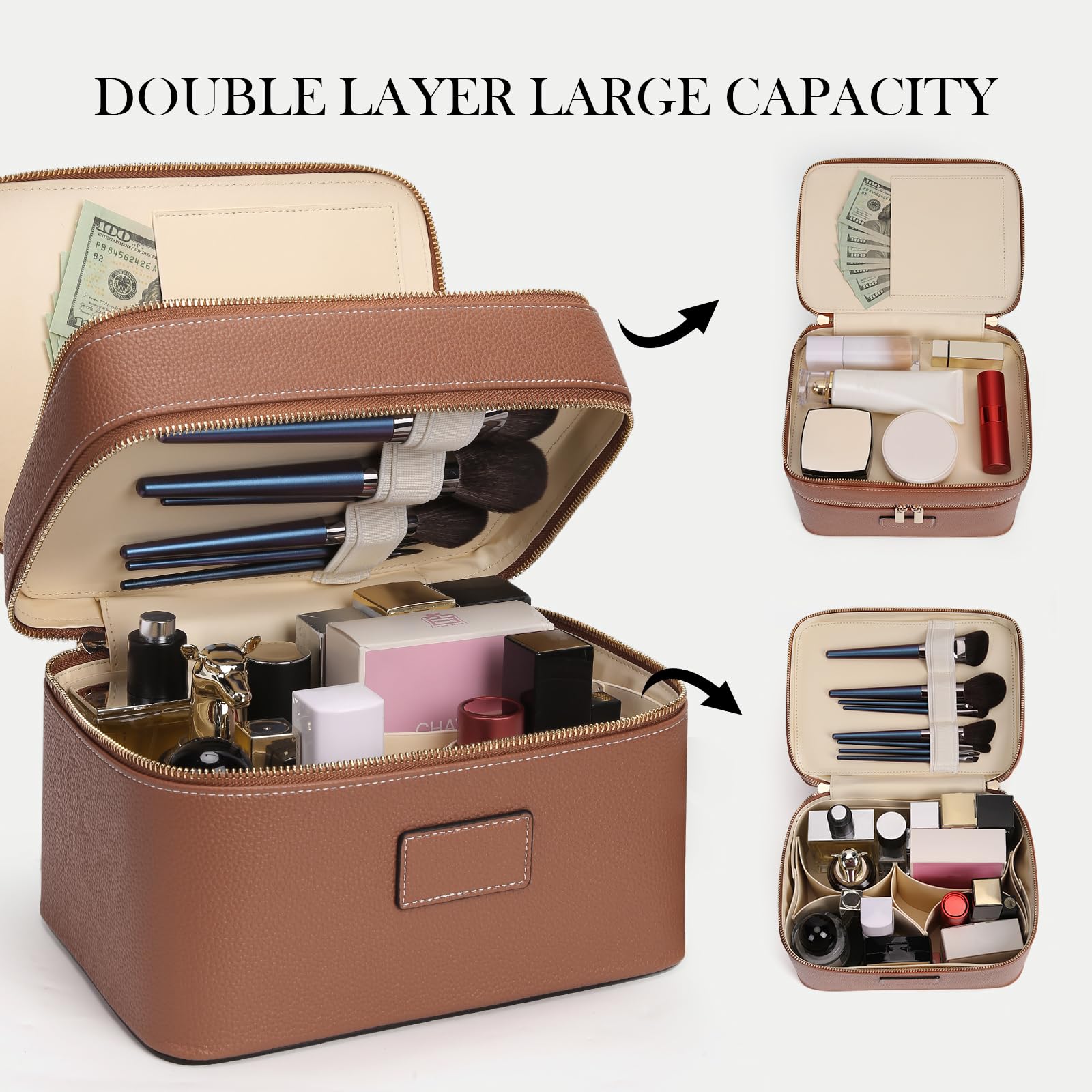 HiTotes Grande Trousse da Trucco Duo Vanity Case per Donne Borsa da Viaggio in Pelle Borsa da Toilette Portatile Borsa Cosmetica a Doppio Strato, 9.45in
