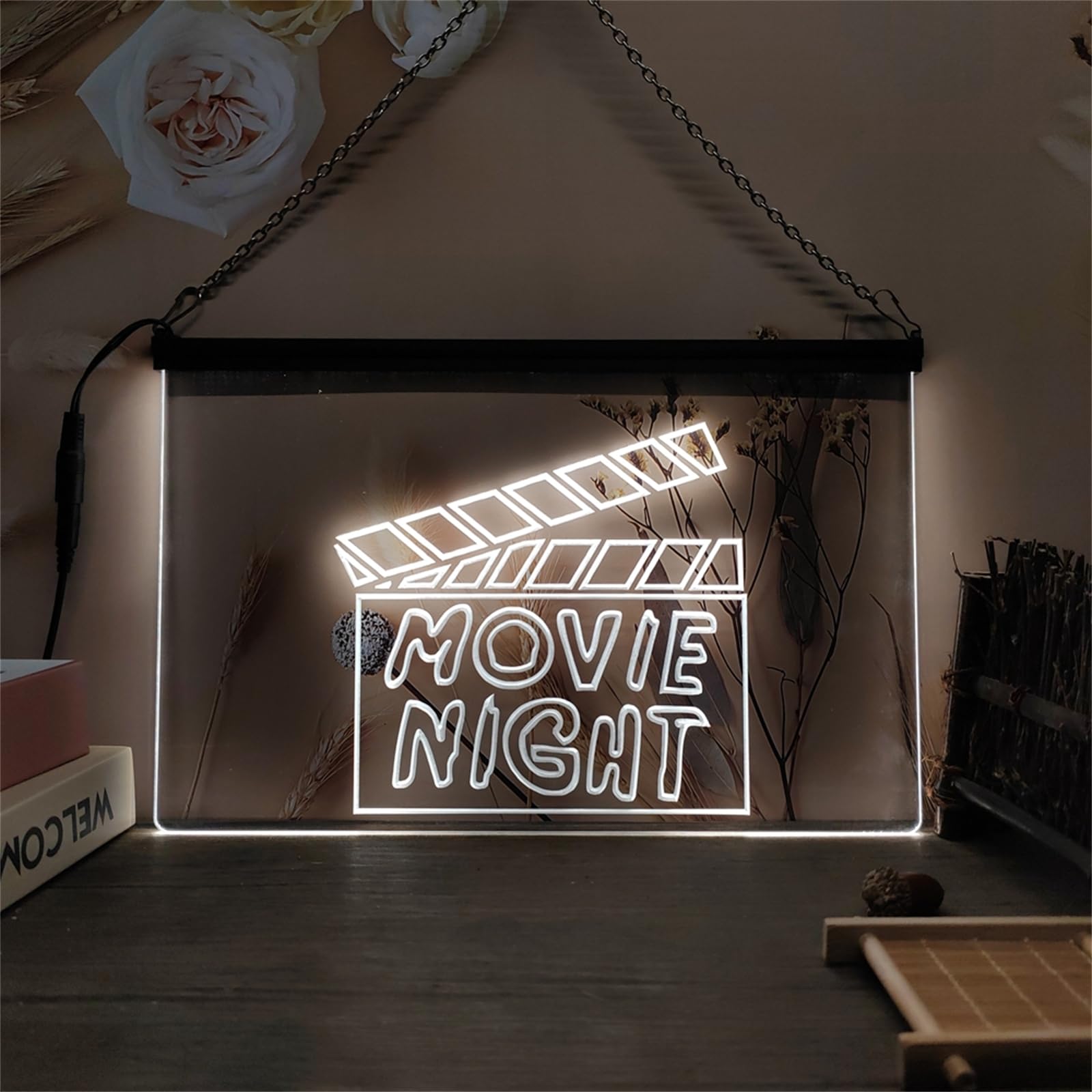 REWIS Letrero de neón LED para Noche de Cine, Luces de neón para Cine, decoración Luminosa para Colgar en la Pared, alimentada por USB con atenuador,Blanco,60x40cm