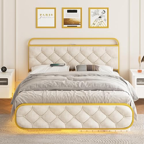 Miniatura 3 de Vabches Base de cama flotante tamaño Queen con luces LED, base de cama tapizada con estación de carga y almacenamiento, soporte de listones de