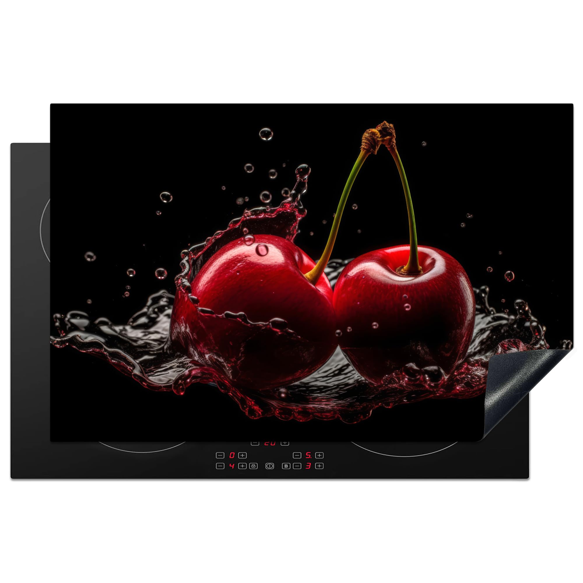 KitchenYeah© Induction Hob Protector Mat 20.5"x31.5" / 80x52 cm Stove Cap Top Cover Kitchen Cooker Covers for Electric Hobs Vinyl Cherries - Red - Fruit - Water - Black