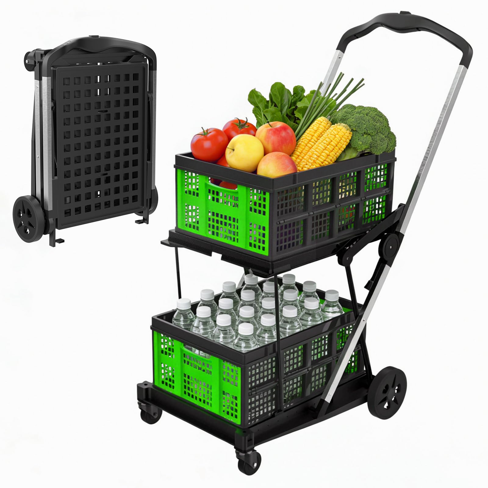 Photo 1 of ***NO BASKETS*** Collapsible Shopping Cart with Wheels,2 Tier Multi Use Foldable Shopping Cart with 2 Storage Crates,Folding Shopping Trolley Utility Cart for Office,Groceries, Warehouse,Supermarket,Picnic (Green)
