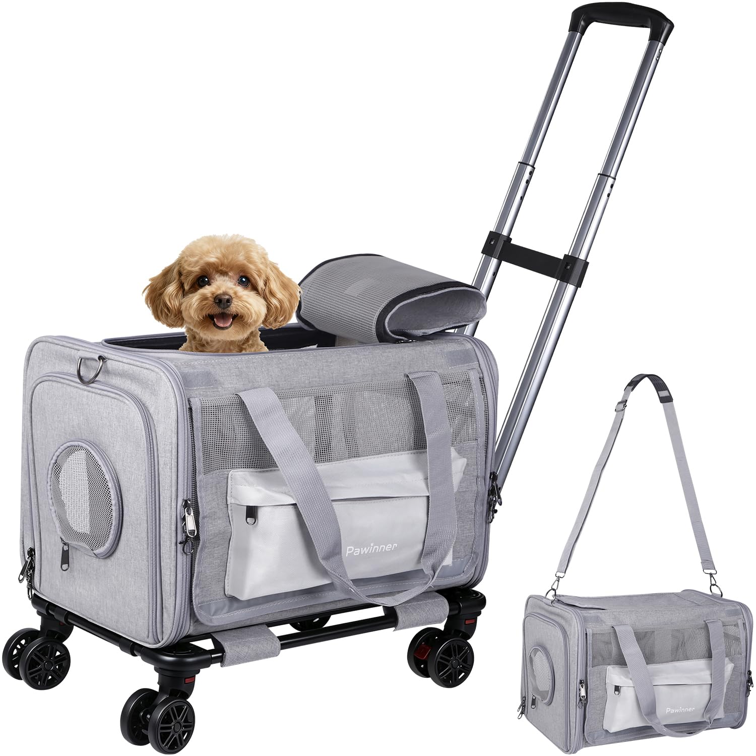 Versión Mejorada Transportín para Mascotas, Pawinner Transportín para Perro 45x33x33 cm, Ruedas Desmontables & Correa Ajustable, Capacidad de Carga de 9 kg, para Mascotas Pequeñas y Medianas, Gris