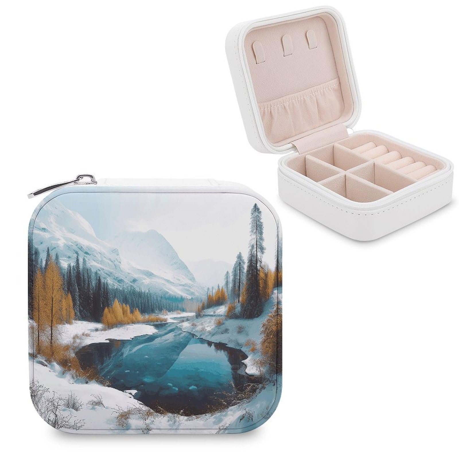FekiLoot Winter Mountains Snow Scene Jewelry Case Personalized Leather Jewelry Box Mini Travel Jewelry Case Small Portable Jewelry Organizer for Ring Earrings Necklace Bracelet