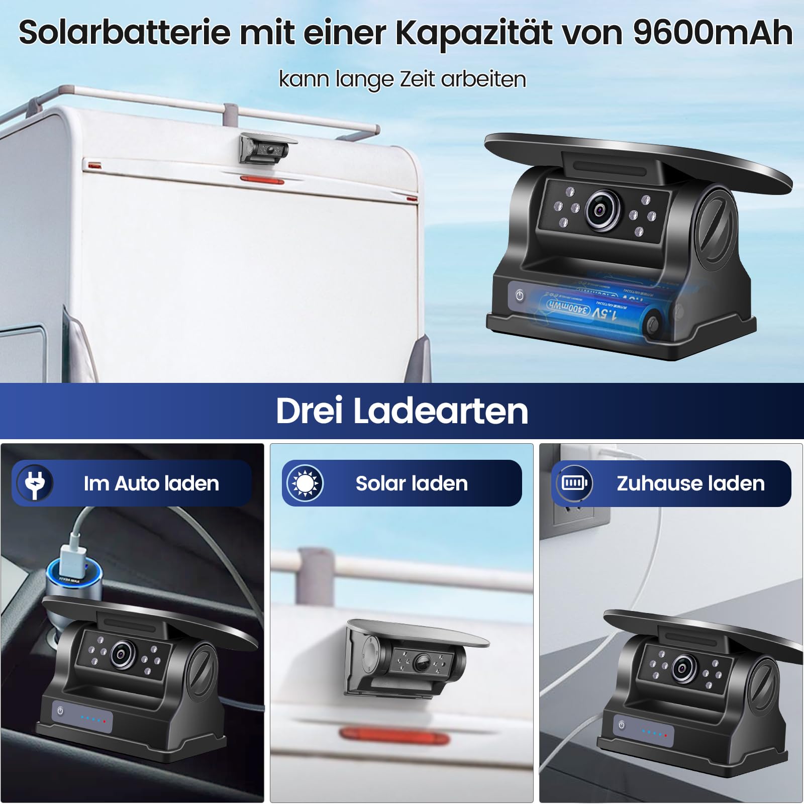 Solar WiFi Rückfahrkamera Drahtlose Magnetisch Rückfahrkamera,FHD 1080P IR Nachtsicht BSD Intelligente Erkennung IP69K wasserdicht,Für iPhone Android,Parkhilfe Auto, Wohnmobil, Anhänger