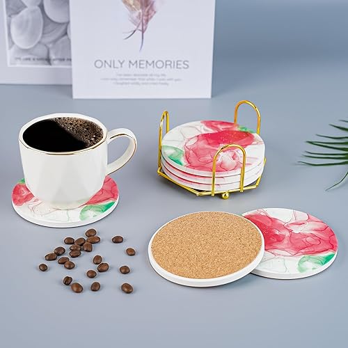 Miniatura 8 de Posavasos para bebidas, posavasos de mármol blanco y redondo absorbentes con soporte, juego de 6 posavasos para protección de mesa de café