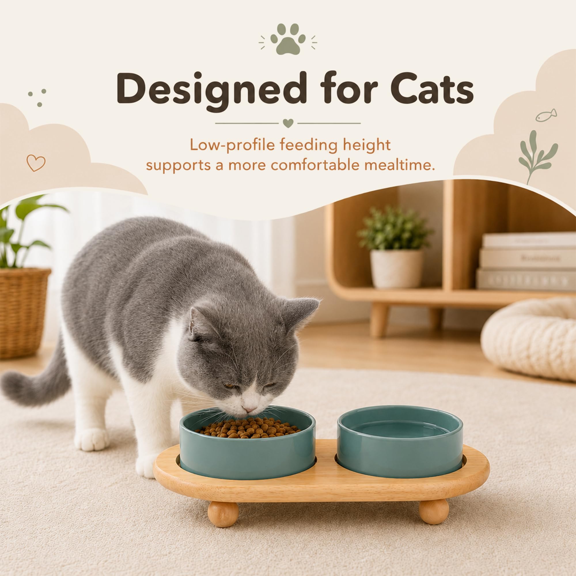 Havniva Gamelle surélevée en céramique pour chat (2 x vert foncé + support)