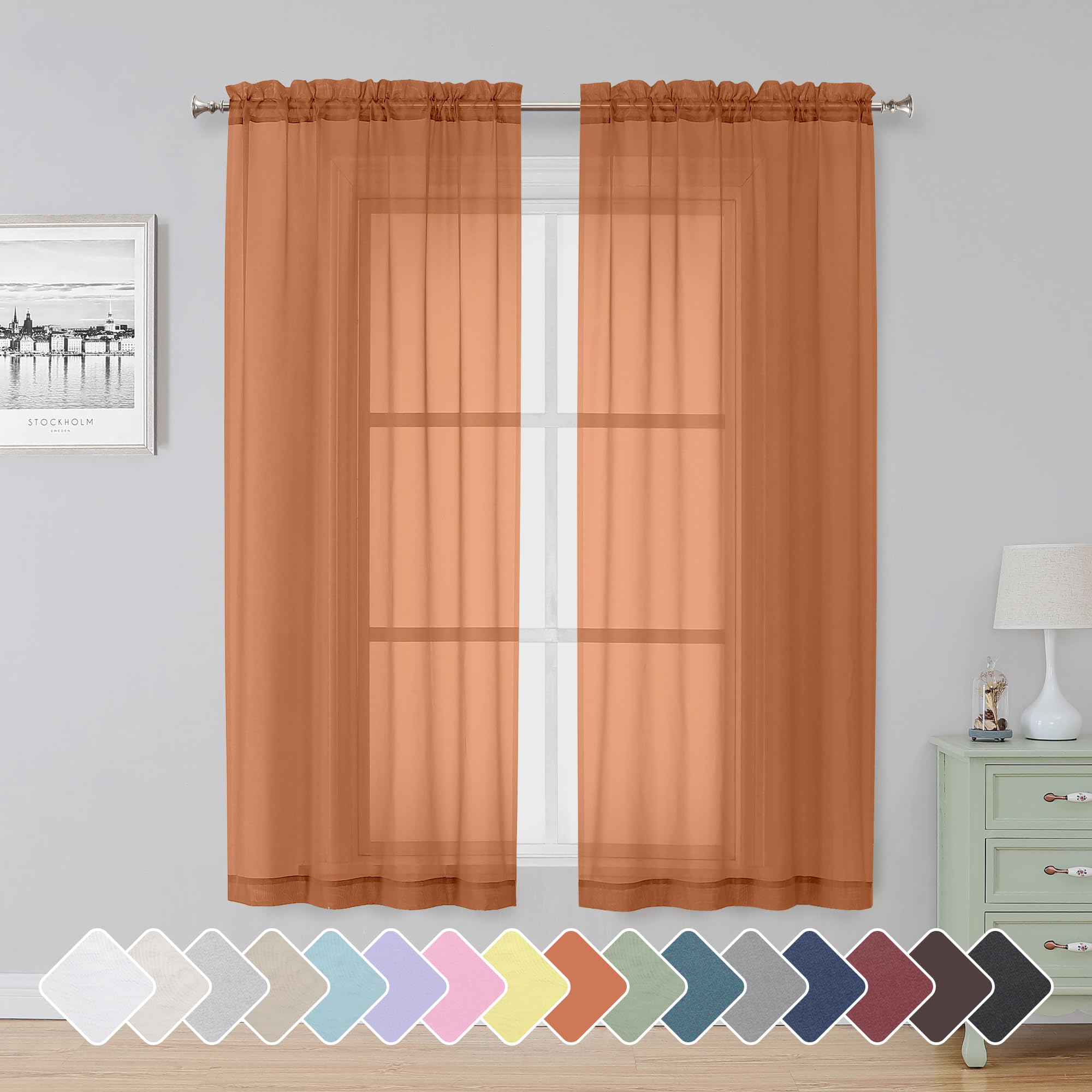 Simplebrand Orange Sheer Curtains 63 Inch Length 2 Panels for Bedroom