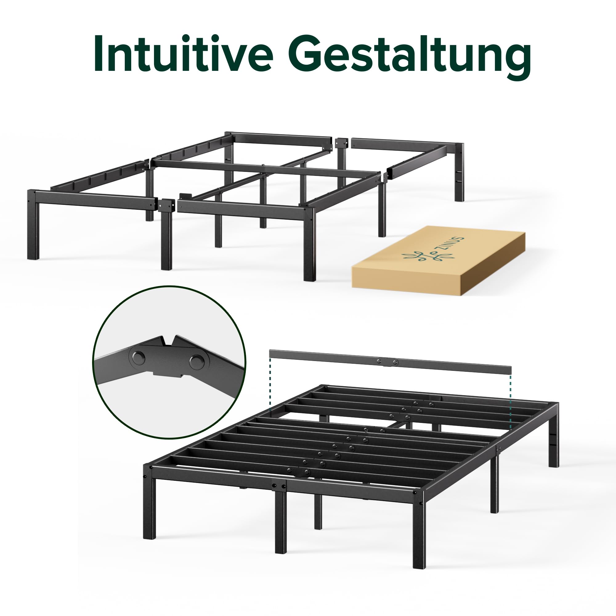 Zinus Elias Bettgestell 140x200 cm - Metallbett 140x200 mit Metall-Lattenrost - 36 cm Hohe Plattform mit Freiraum Darunter - Kein Boxspringbett Erforderlich - Einfache Montage - Schwarz