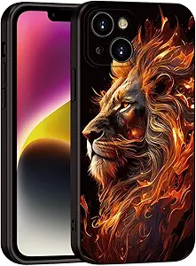 Printed with Lion for iPhone 14 case, Flaming Lion Silicone Soft Shockproof Case - Exuding Royal Authority (A1-Lions-Animal)