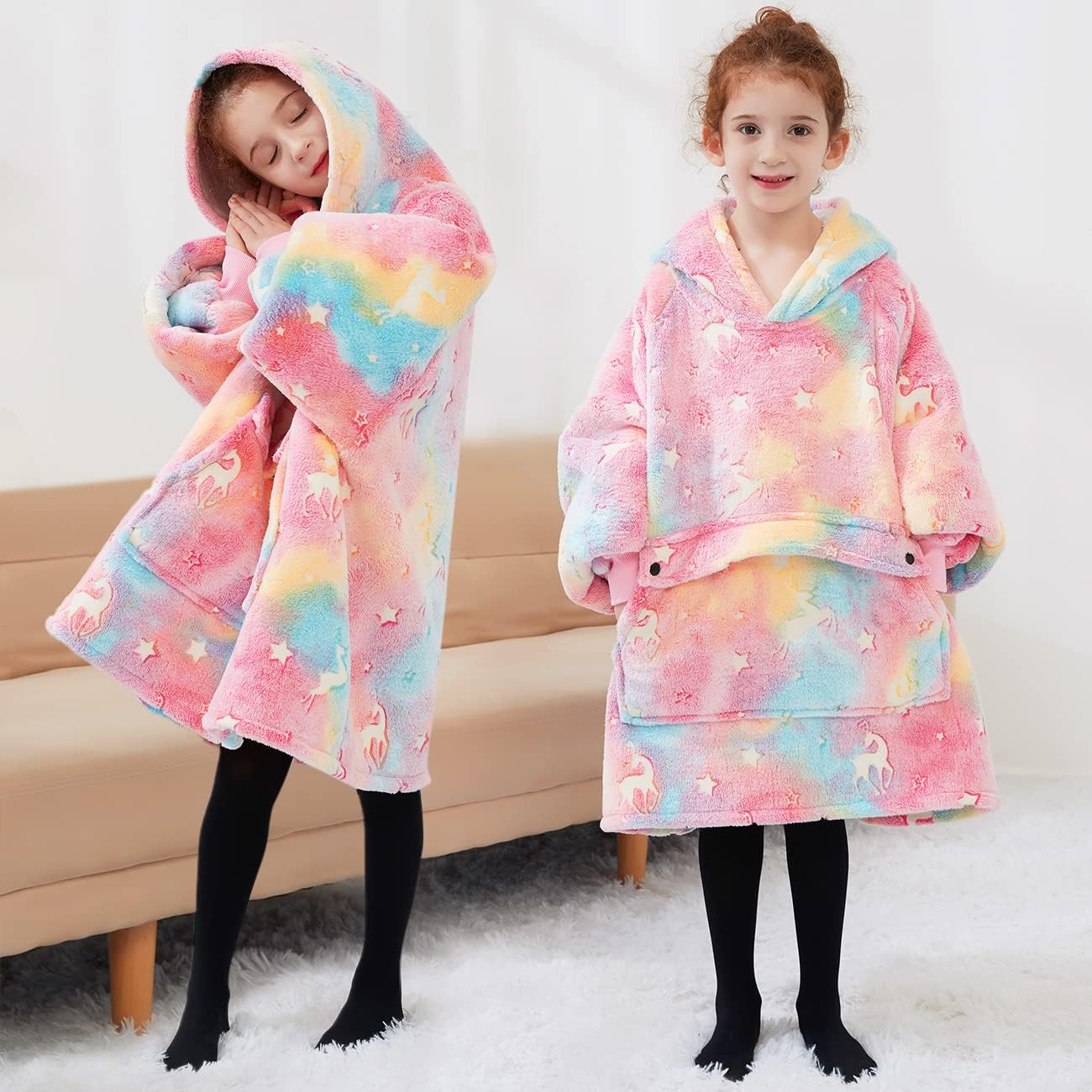 Glow in The Dark Wearable Blanket Hoodie for Kids Sherpa Patterns Oversized Sweatshirt Blanket with Pocket 6-10 Year Old Girl Birthday Gifts Rainbow - Image 7
