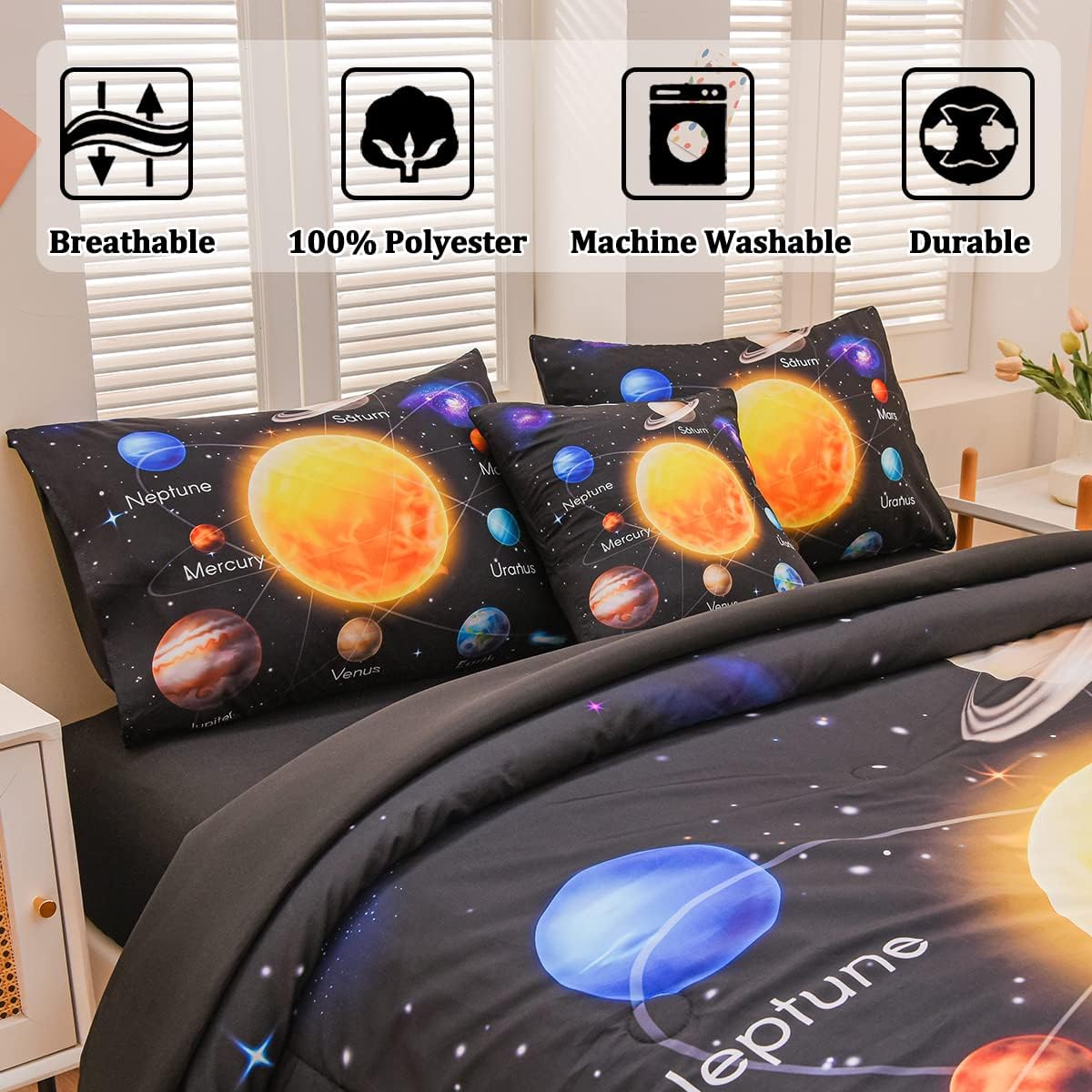6 Pcs Bed in A Bag Twin Comforter Set for Boys, Solar System Universe Planet Comforter, Space Bedding Sets with Sheets for Kids - Image 5