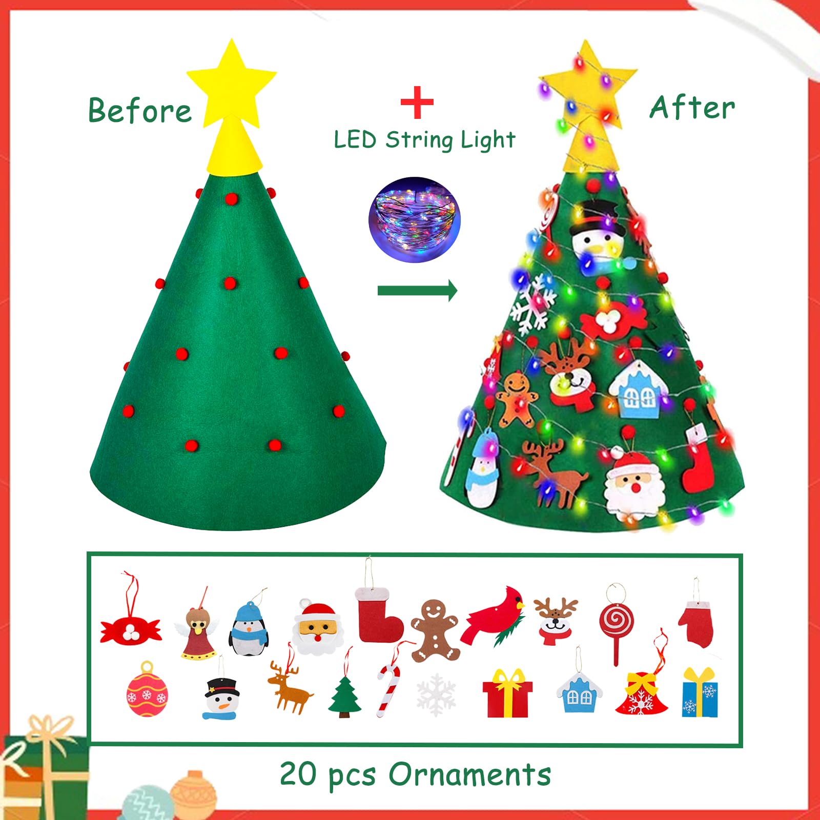Kerstboomwand, vilten kerstboomset, doe-het-zelf kunstkerstboom, vilten kerstboom voor kleine kinderen, met 21 afneembare ornamenten, vilten decoraties voor al Kerstboomwand, vilten kerstboomset, doe-het-zelf kunstkerstboom, vilten kerstboom voor kleine kinderen, met 21 afneembare ornamenten, vilten decoraties voor al