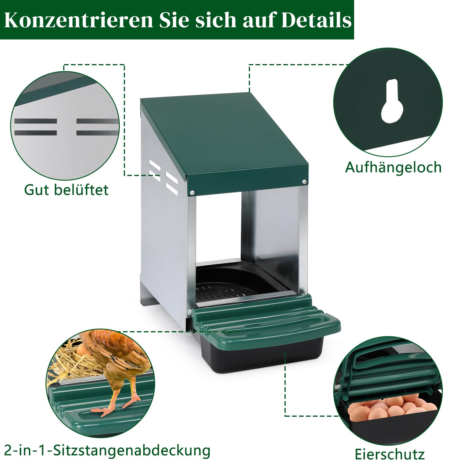 LEADZM Hühner Legenest 1 Abteile - Stabiles Metall Legenester für Hühner mit Eierfach, Hühnernest Abrollnes, Leicht zu reinigen, 27 x 52 x 47 cm, Grün