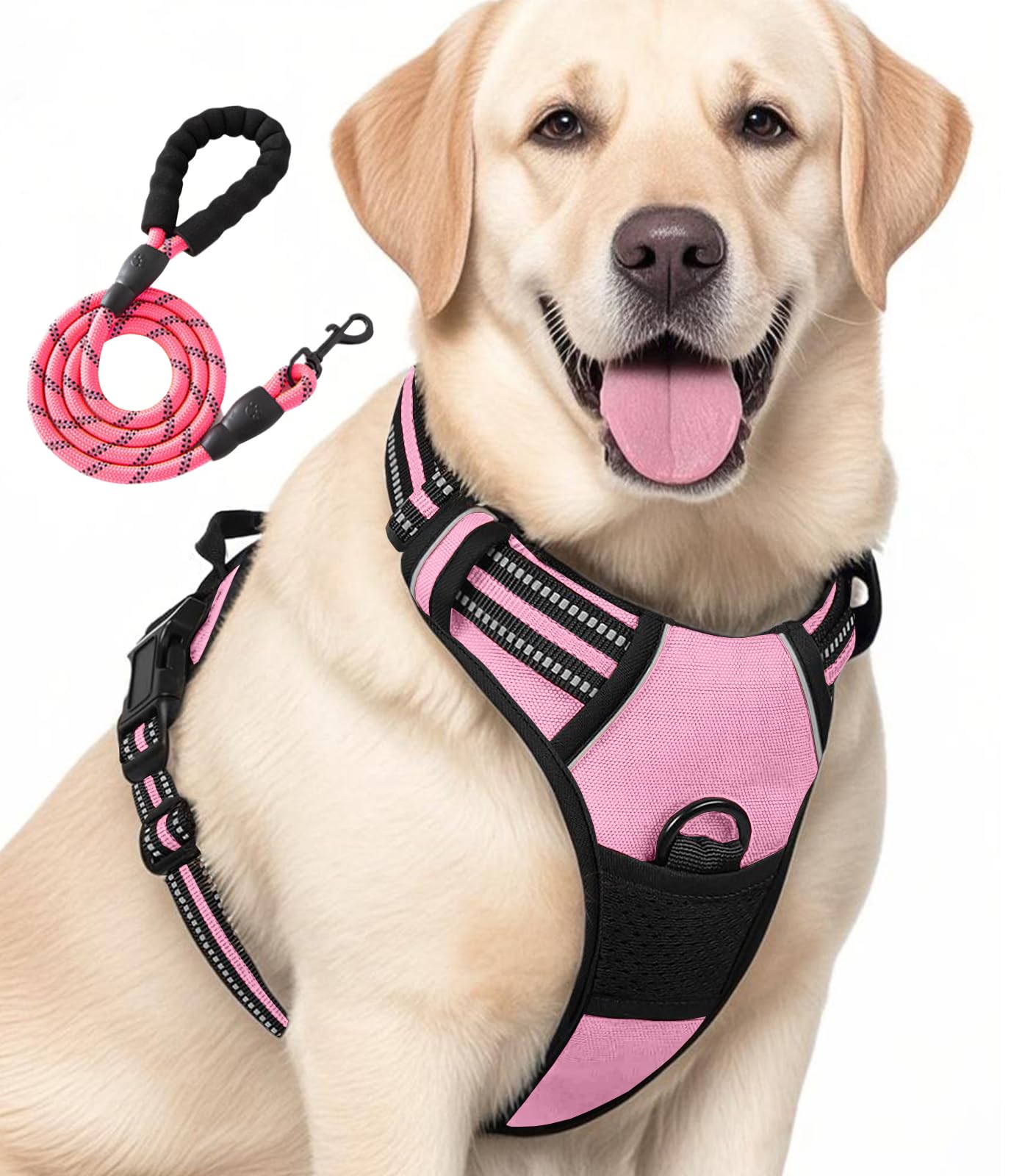 Jomkig No Pull Dog Harness Reflective No-Choke Harness with Front Back Clips Adjustable Soft Padded Pet Vest with Easy Control Handle for Large Dogs, Pink, X-Large